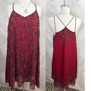 Vtg 90s y2k Crimson Red Beaded Mini Shift Dress Whimsigoth Flapper Fairy Goth L